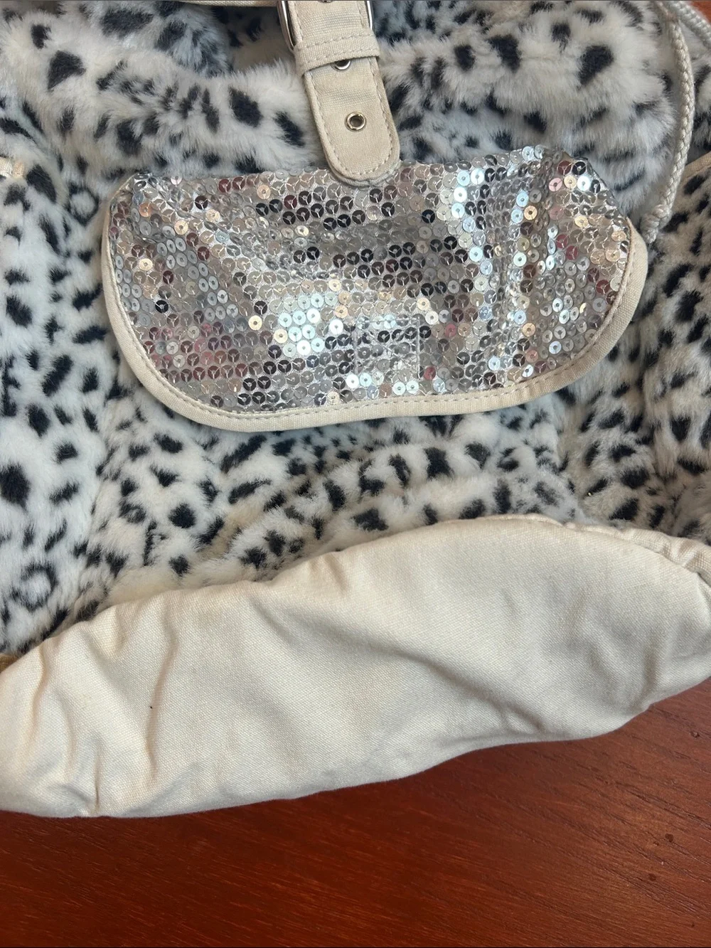Girls White Faux Fur Leopard Backpack with Silver Sequin Accents